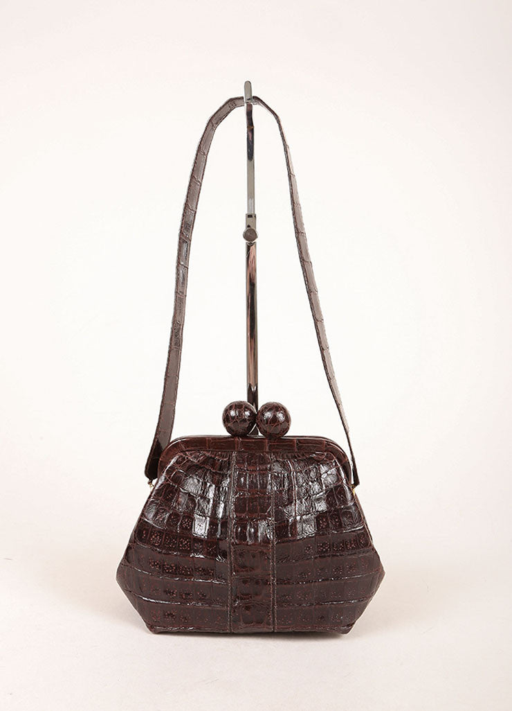 Brown Crocodile Ball Clasp Small Shoulder Bag