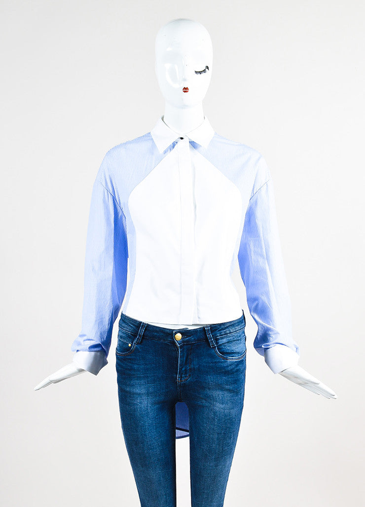 Balenciaga Blue and White Striped Oversized High Low Button Down Shirt