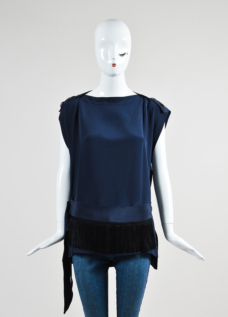 Navy Blue Derek Lam Silk Fringe Belted Button Shoulder Sleeveless Tunic