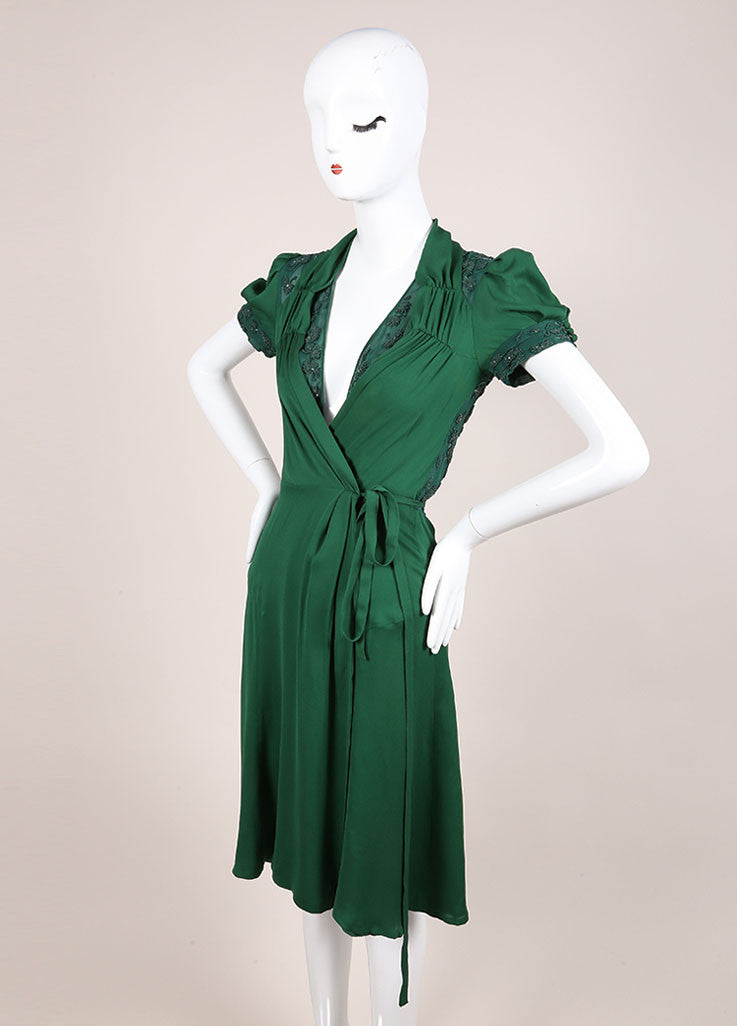 Green Beaded Short Sleeve Open Back Wrap A-Line Dress