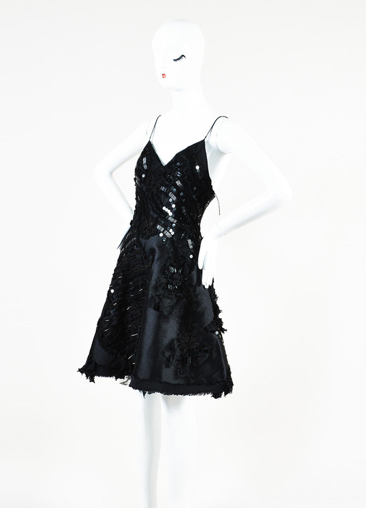 Samantha Sleeper Black Silk Sequin Beaded Fit and Flare Slip Dress