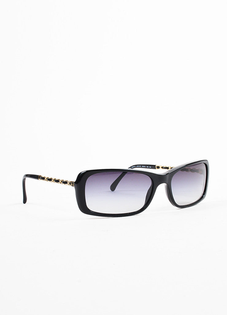 Chanel Black Gold Toned Chain Link Rectangular Sunglasses