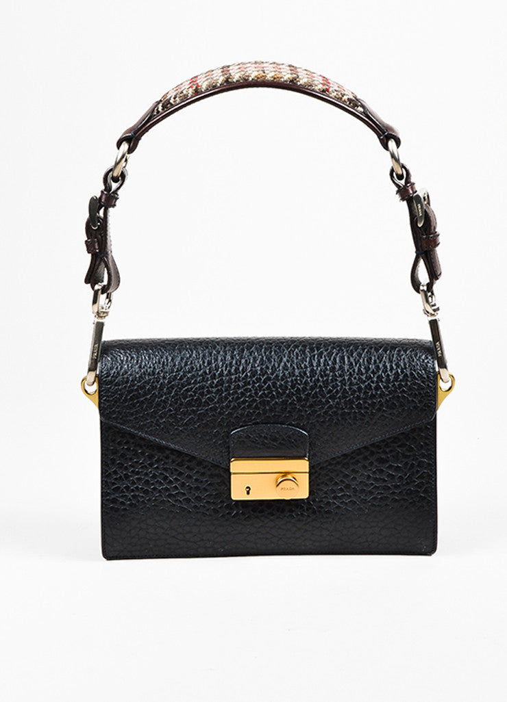 Prada Black and Brown Pebbled Leather Tweed Trim Envelope