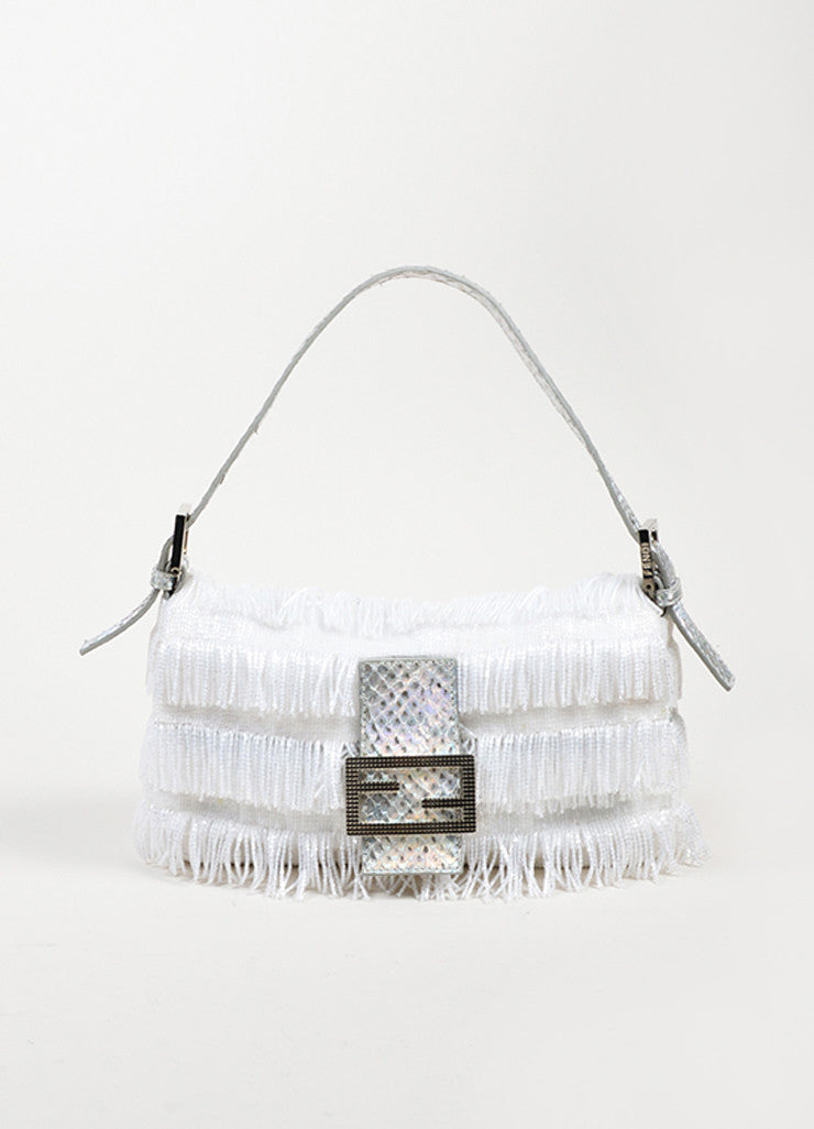 White and Silver Fendi Beaded Fringe Metallic Python Baguette Shoulder Bag