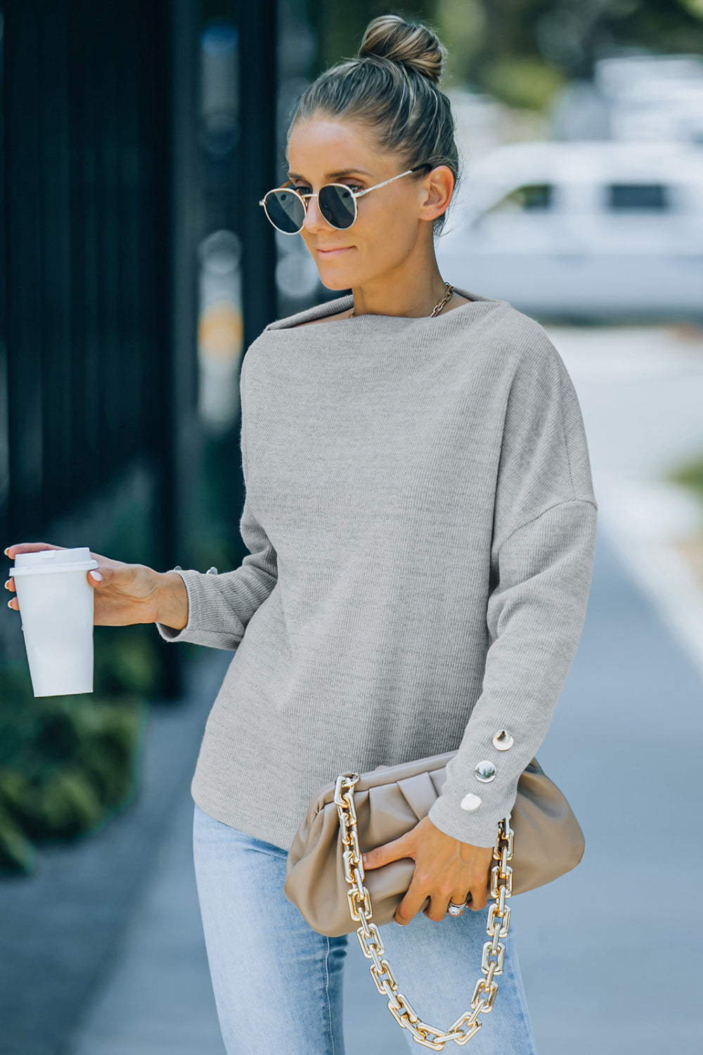 Boat Neck Button Sleeve Top