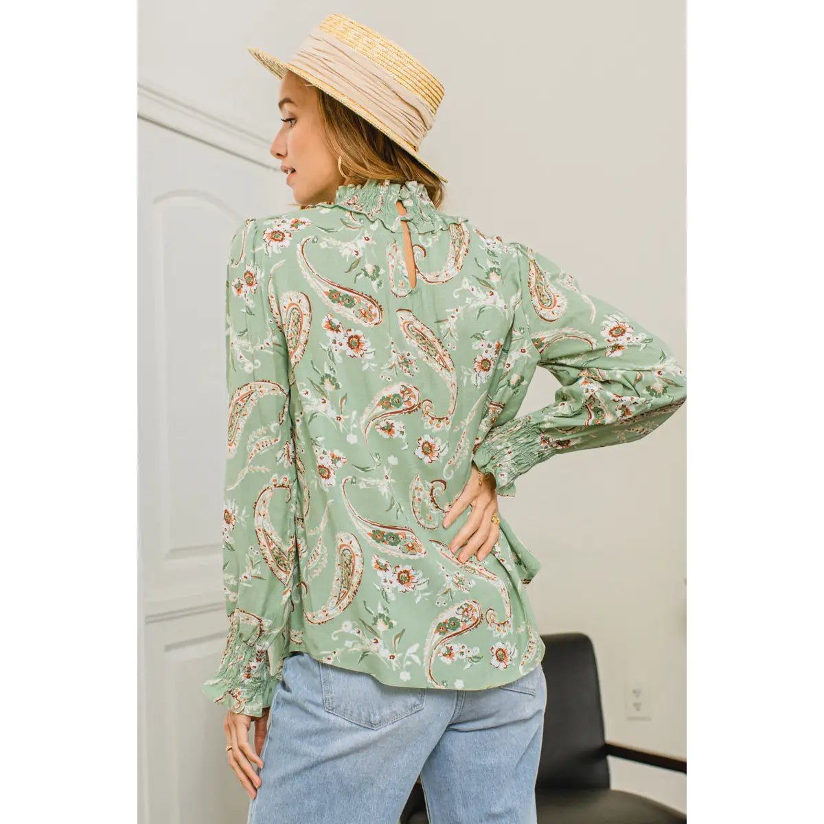 Sage Paisley Smocked Neck Top