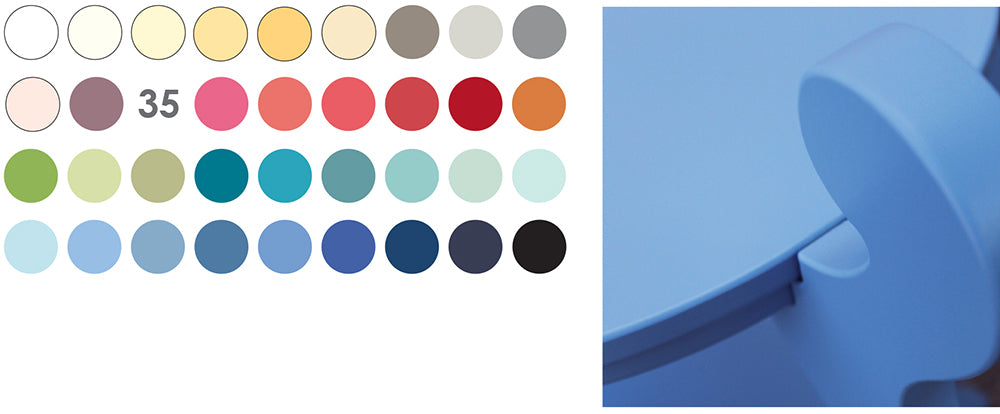 Graphic of 35 color swatch dots and detail of fiddlehead table in blue