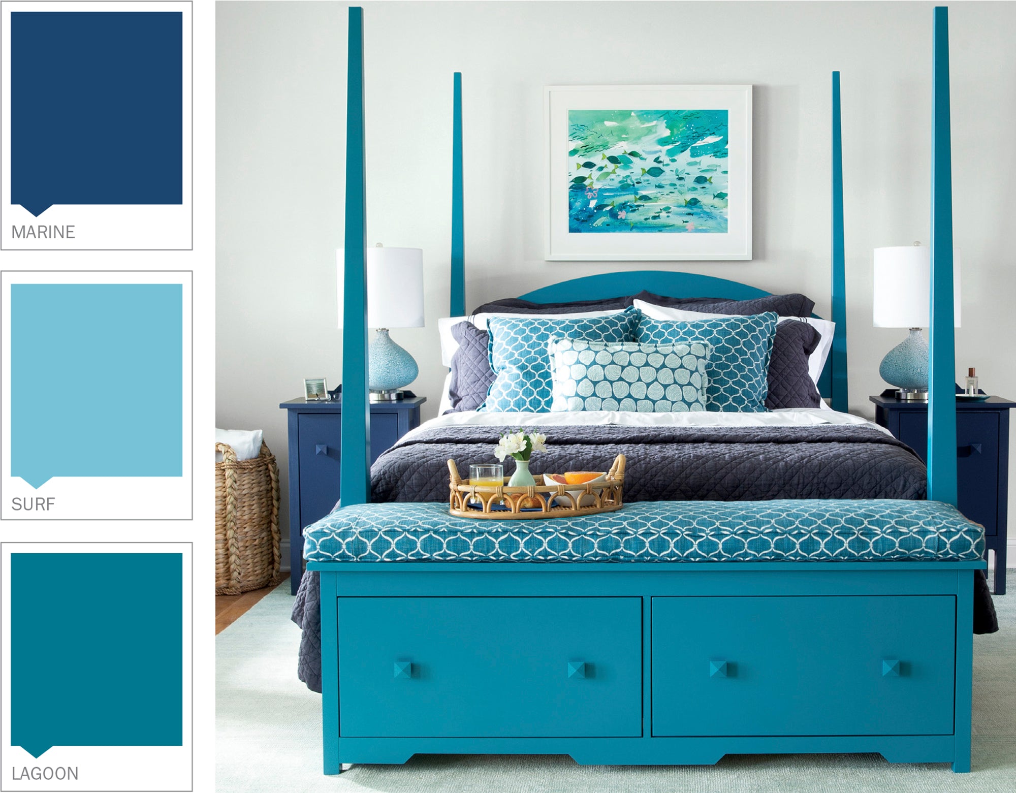 Swatches in Marine, Surf, Lagoon, wood window seat, poster bed, bedside tables, lamps, woven rug, Artwork: Under the Sea