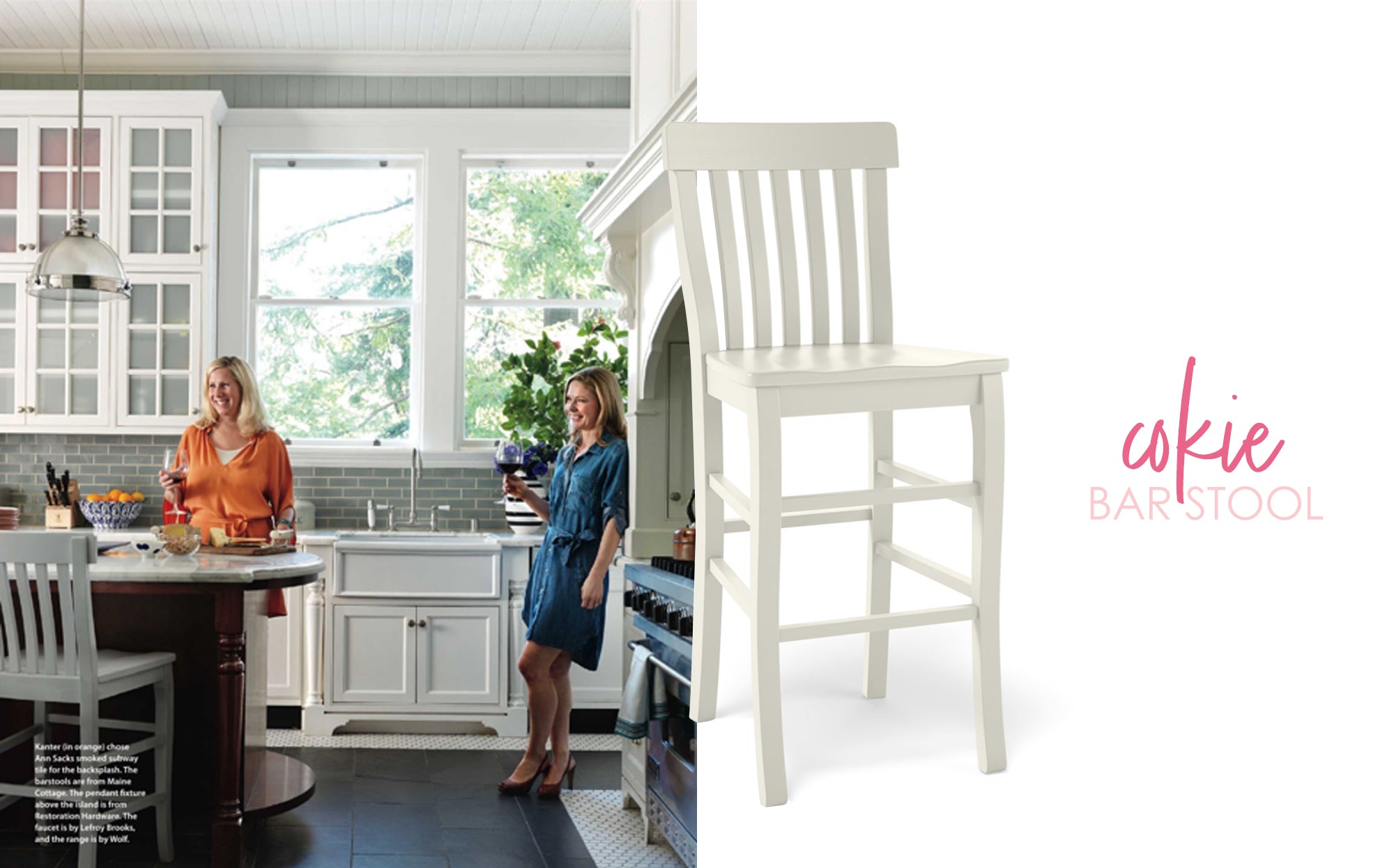 Lily Kanter and friend drinking wine in sunny kitchen with Cokie Bar Stool