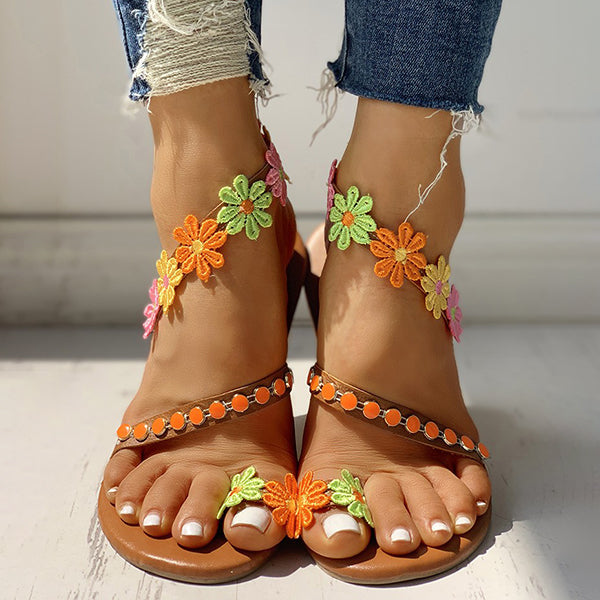 floral embellished toe ring casual sandals