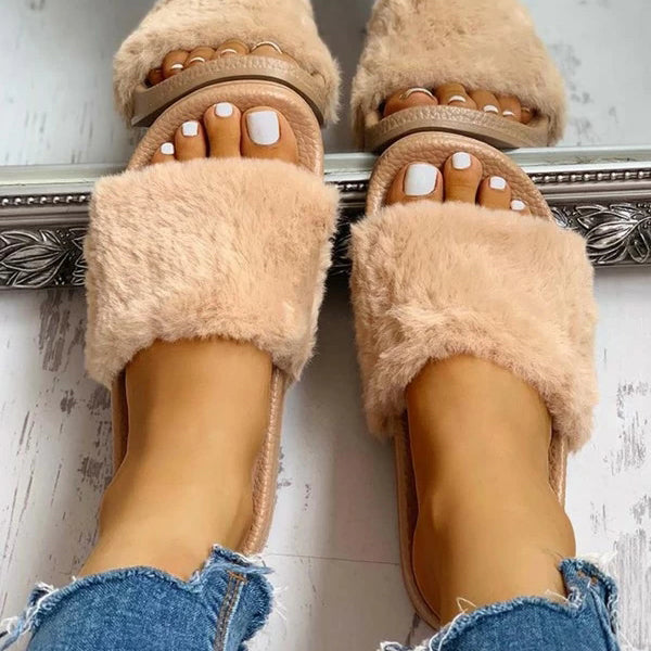 fluffy design open toe flat shoes