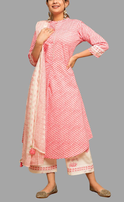 Pink Lehariya Kurti With Palazzo And Dupatta Set .Pure Versatile Cotton. | Laces and Frills - Laces and Frills