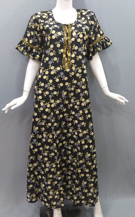 Black Roses Pure Cotton Free Size Nighty - Laces and Frills