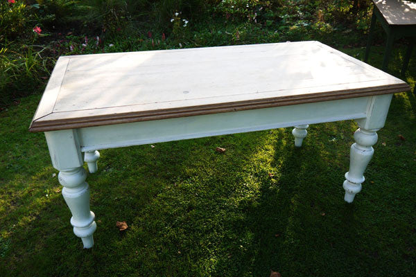 Vintage farmhouse pine dining table with painted legs and a retro scrub top finish refurbished by emily rose vintage Made to Order