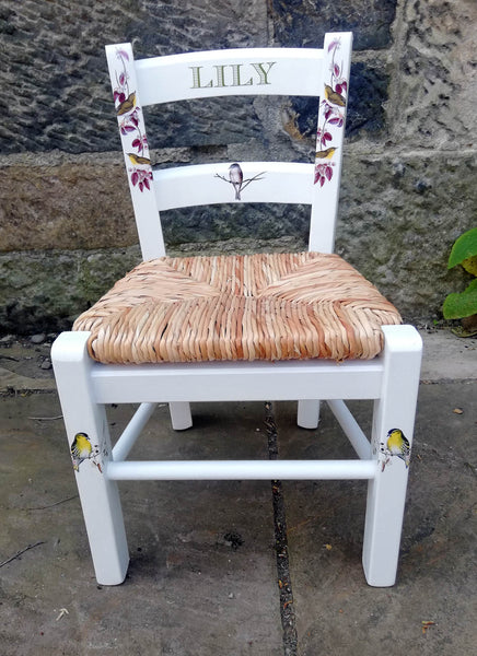 Upcycled rush seat personalised children's chair - birds on branches theme - made to order