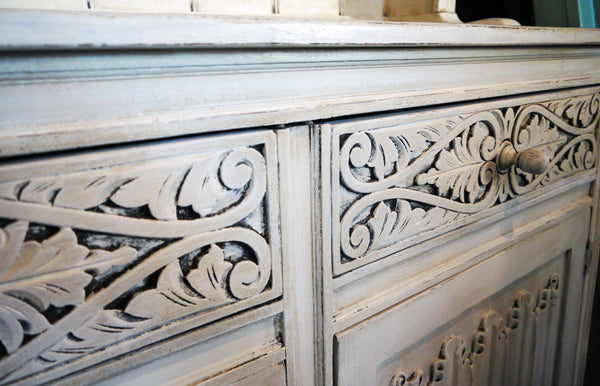 Vintage Carved Oak Kitchen Dresser Painted In A Soft Cream And