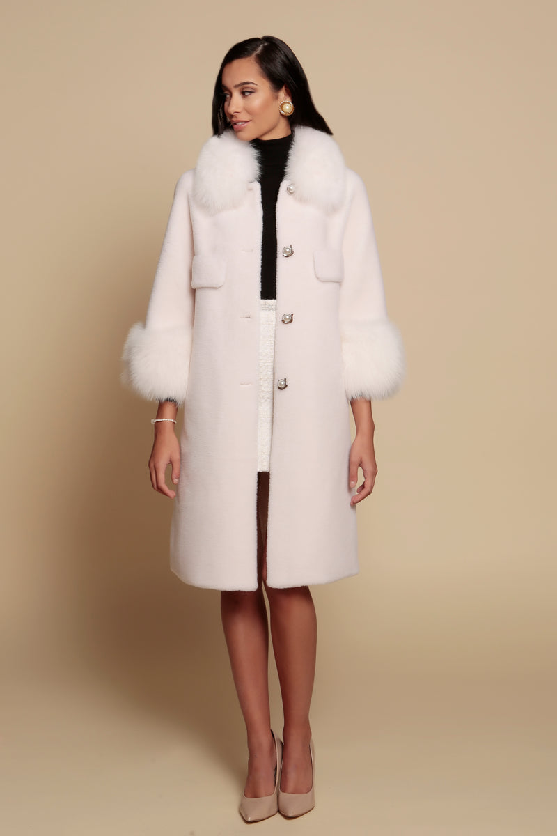 'Roman Holiday' 100% Wool and Faux Fur Coat in Bianco
