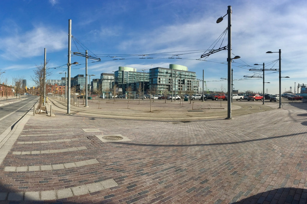 Stay to the right and skate around the street car loop.