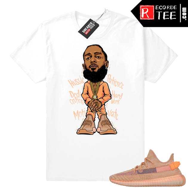 Clay 350 yeezys match Nipsey Hussle tee 