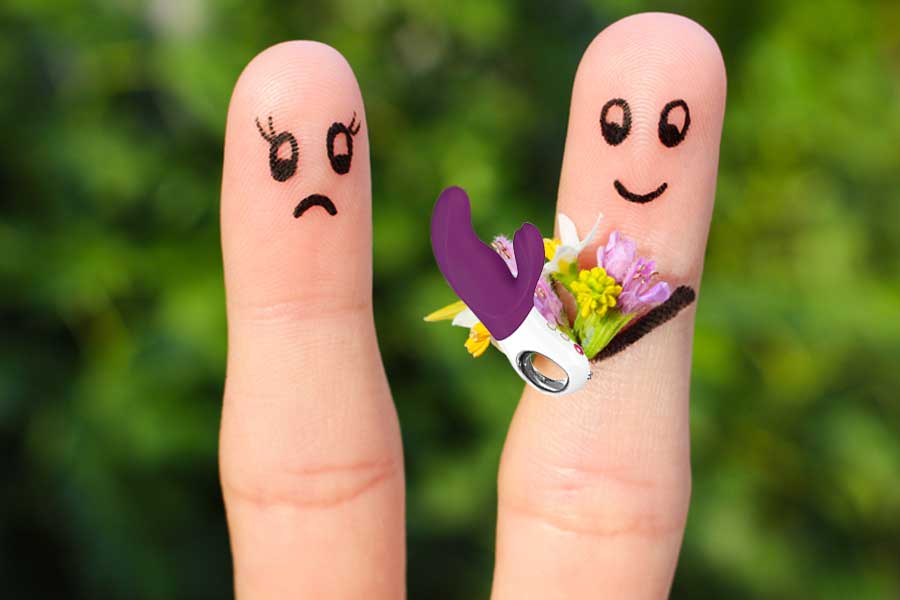  Finger Puppets, sad woman, man offering sex toy, Loss of Libido In Women