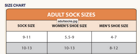 Organic Cotton Ragg Sock Size Chart