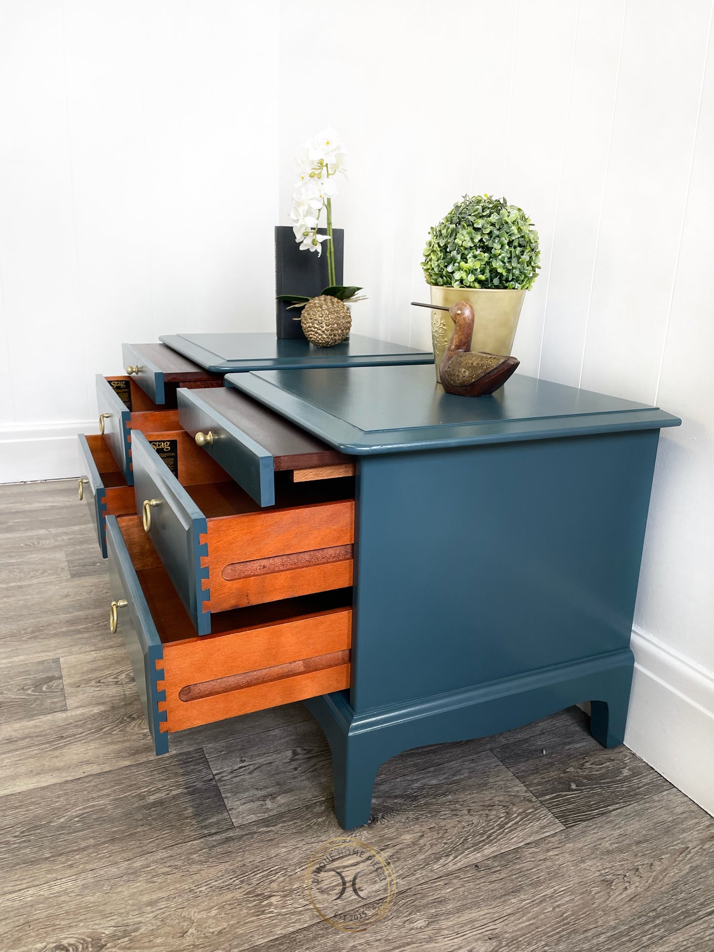 Vintage Blue Pair of Bedside Drawers, Stag Side Drawers with Pullout Shelf - Unique Home Pieces