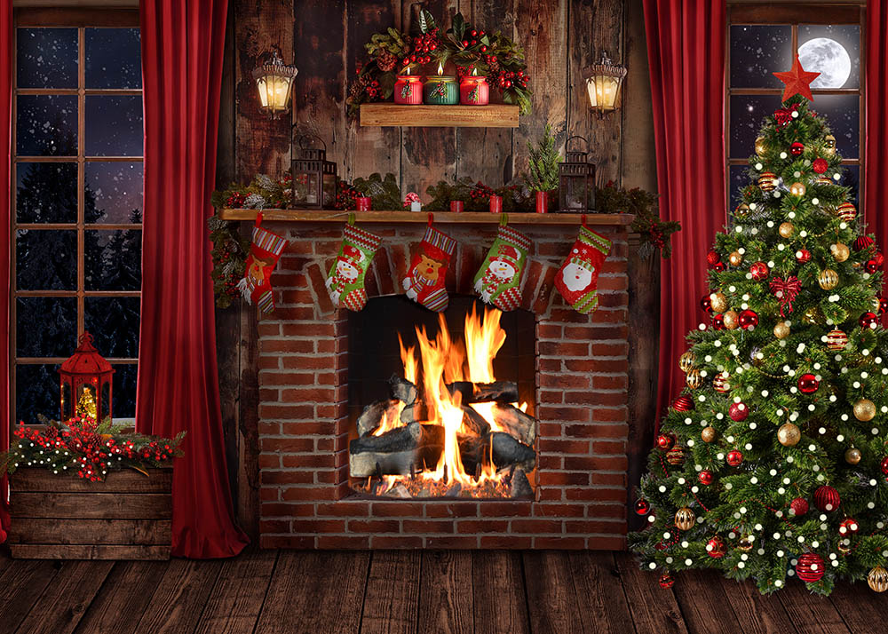 Avezano Christmas Eve Fireplace Decoration Photography Backdrop