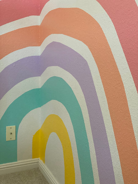 photo of rainbow wall mural kids room blue house goods