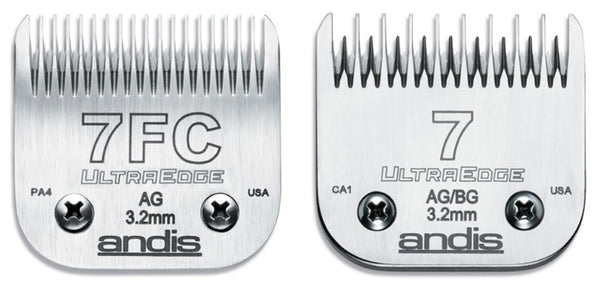 Andis UltraEdge 7FC Blade (left) teeth are all uniform length, Andis UltraEdge 7ST Blade (right) teeth are alternating lengths - one short one long