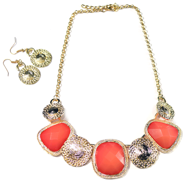 Designer Orange and Golden Metal Necklace and Earrings Set