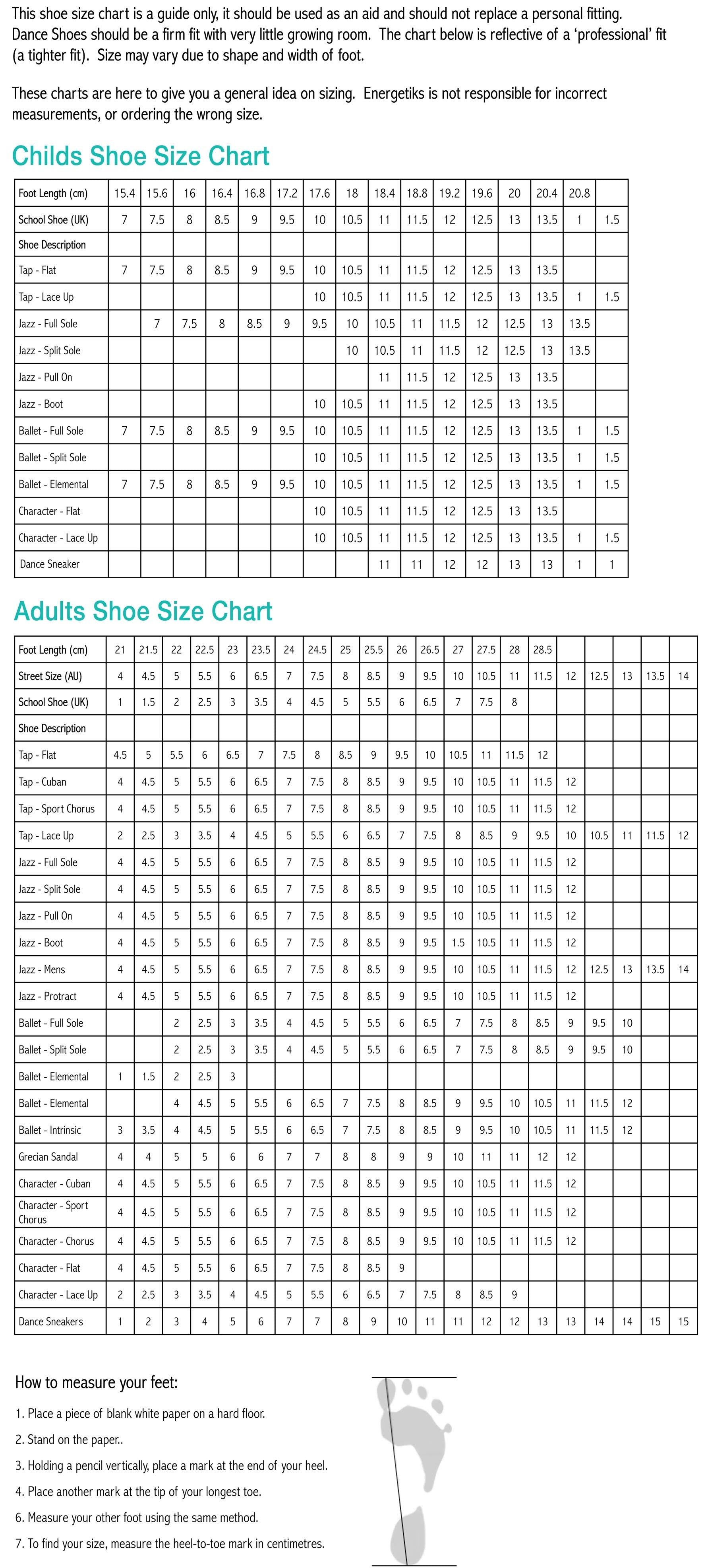 Energetiks Tap Shoes Size Chart