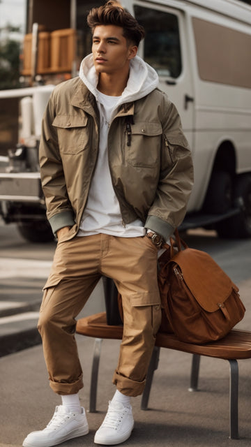 man wearing cargo brown joggers, a technical jacket paired with a white hoodie and white sneakers for an awesome casual laid back street look