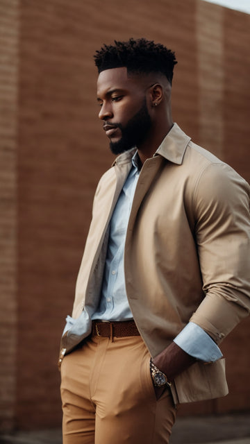 smart casual elevated style for man wearing a brown pant and cream blazer with a blue shirt for an elevated style