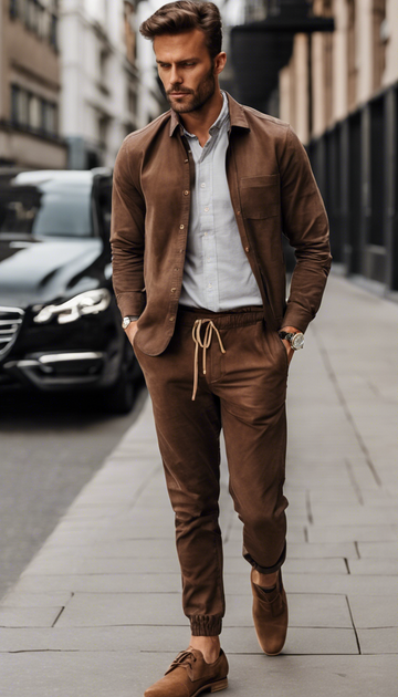 man dressed up in a brown joggers with a slim-fit matching shirt.png