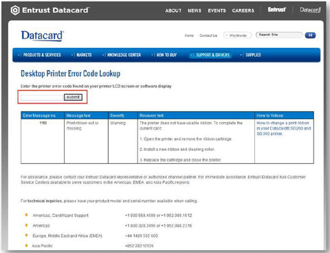 Datacard Desktop Printer Error Code Lookup landing page