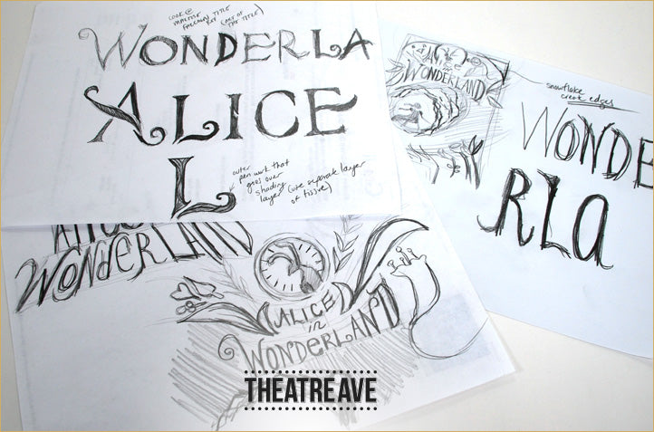 Early pencil sketches for Alice in Wonderland projection and poster artwork