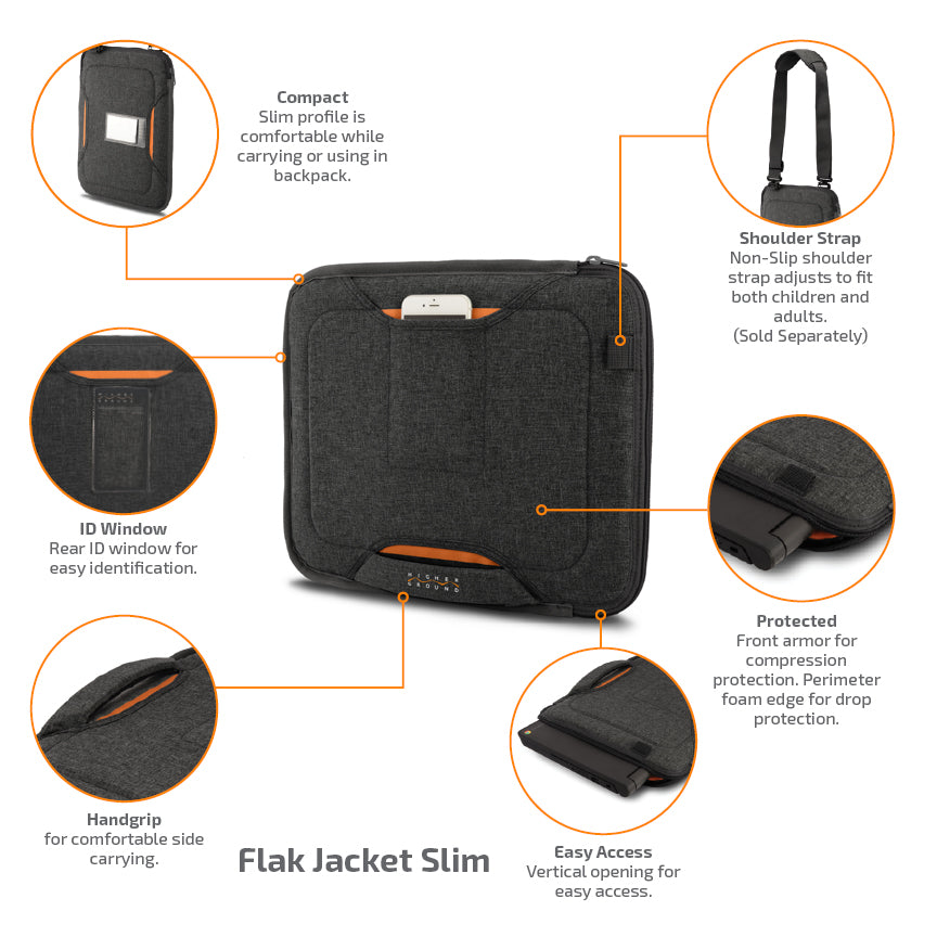 Flak Jacket Slim is compact with features such as a shoulder strap, id window, cell phone pocket and handgrip. Protective and easily accessible.