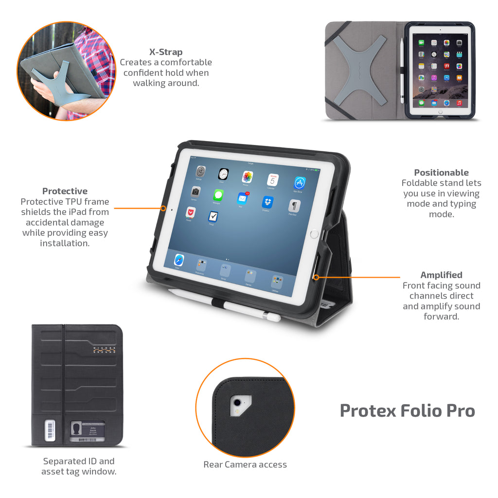 Protex Folio Pro  protects your tablet with features of an x strap so you can confidently hold your tablet.