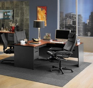 Leather and mesh office chairs at desk