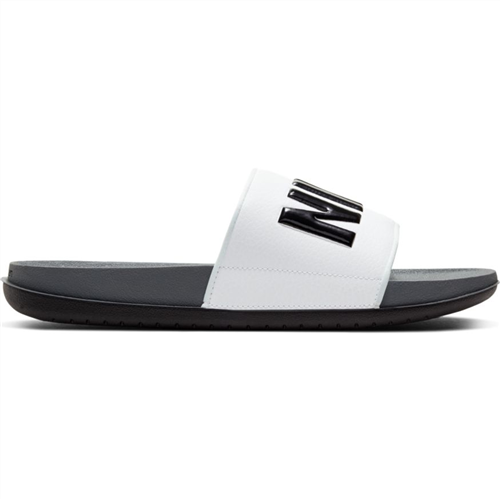 white and grey nike slides