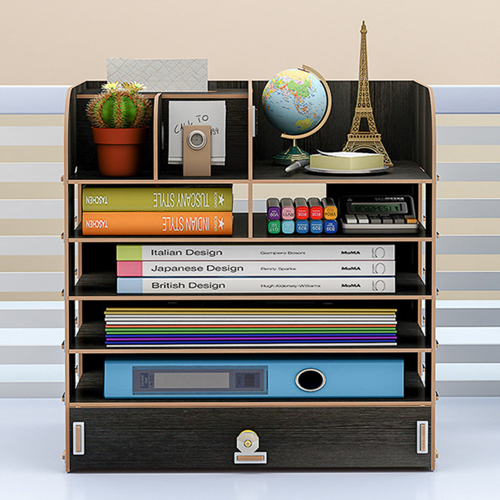 Wooden Bookshelf Desktop Organizer Shelf With File Tray Pen