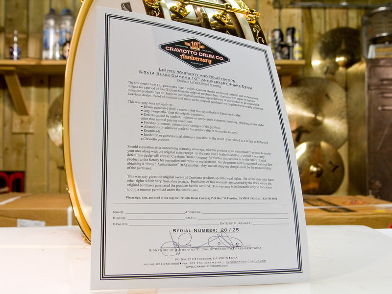 Craviotto 10th Anniversary Snare Drum Craviotto Certificate