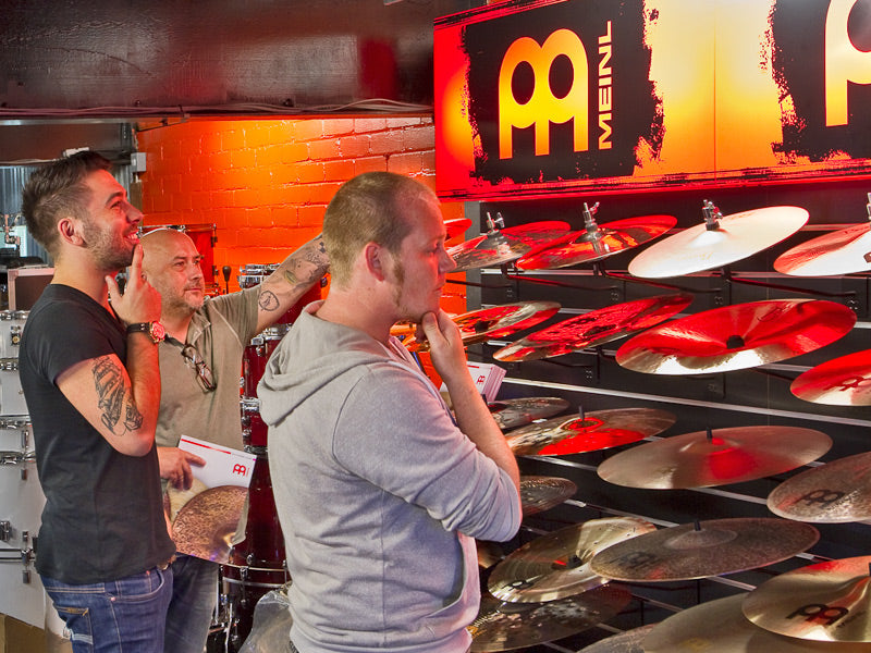 Meinl cymbal display at Drumshop UK, Andy Anderson, Paul and Ben from D'Addario