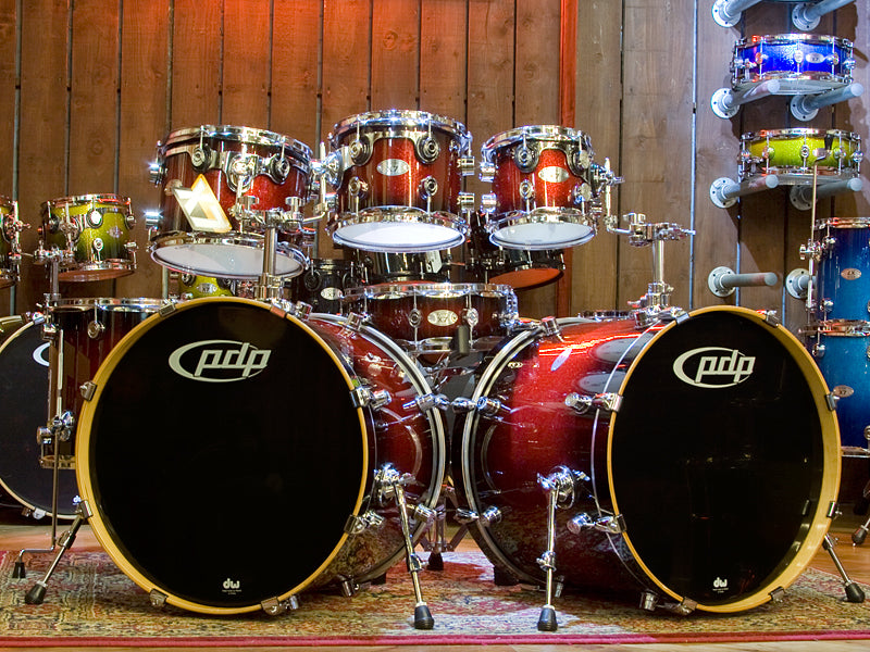 DW PDP X7 red to black sparkle burst Drum Kit