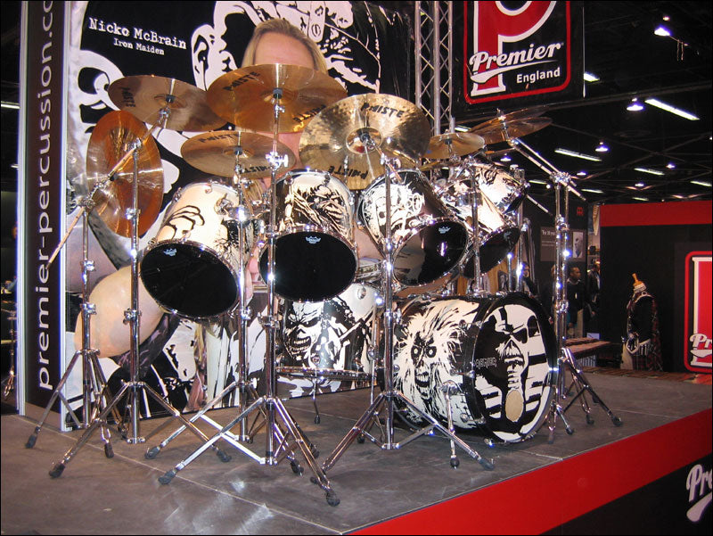 Iron Maiden drum kit, Nicko McBrain Paiste cymbals, Premier drums, Remo drum heads