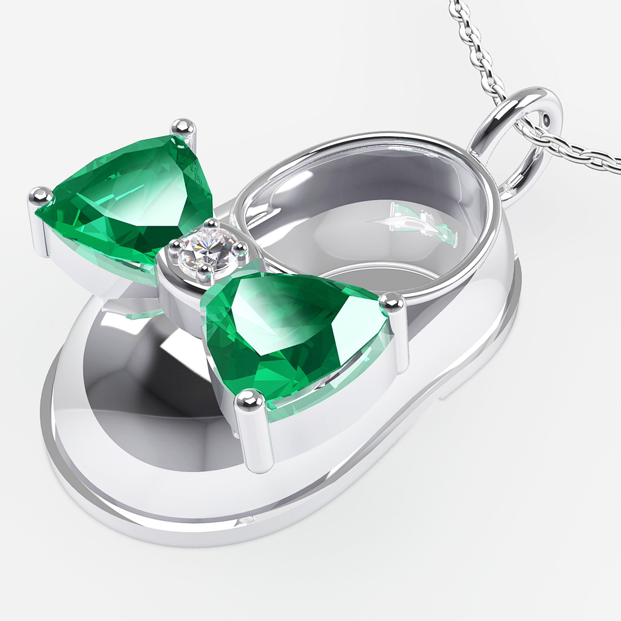 14K White Gold Diamond and Emerald Baby Shoe Pendant