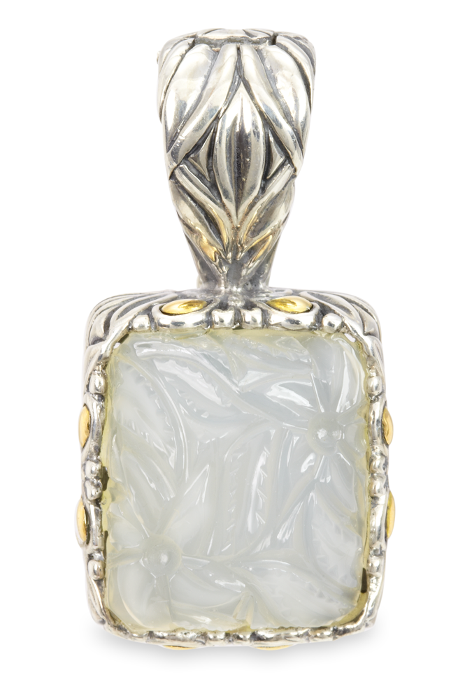 Carved White Agate Sterling Silver Pendant with 18K Gold Accents