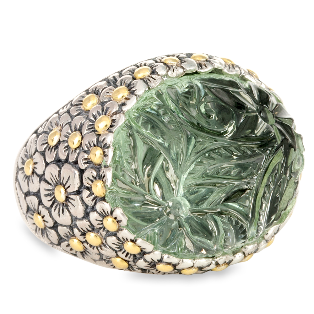 Carved Green Amethyst Sterling Silver Ring with 18K Gold Accents