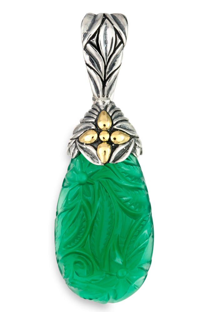 Carved Green Onyx Pendant Set in Sterling Silver & 18K Gold Accents "Lynn"