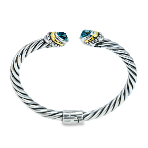 Sterling Silver Green Quartz Twisted Cable Bangle with 18K Gold Accents